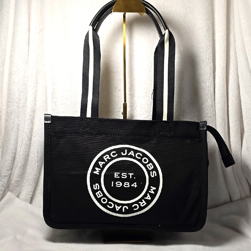Marc Jacobs Signet Medium Black Canvas Shoulder Convertible Tote Bag NWT